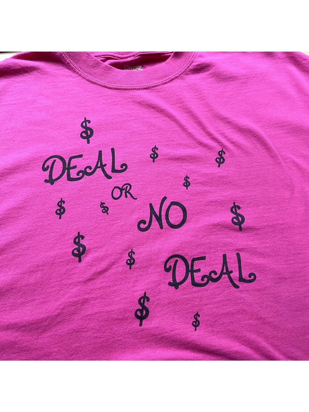 Pink women t-shirt size Large top Deal or no deal Graphic Hanes Beefy